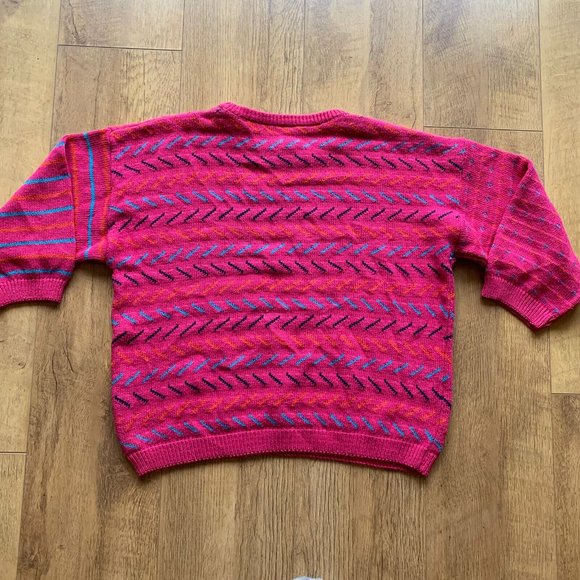 014 - Vintage 80s NEXT Jumper Size Medium Pink Short Boxy Geometric 3/4 Sleeves - Picture 9 of 9